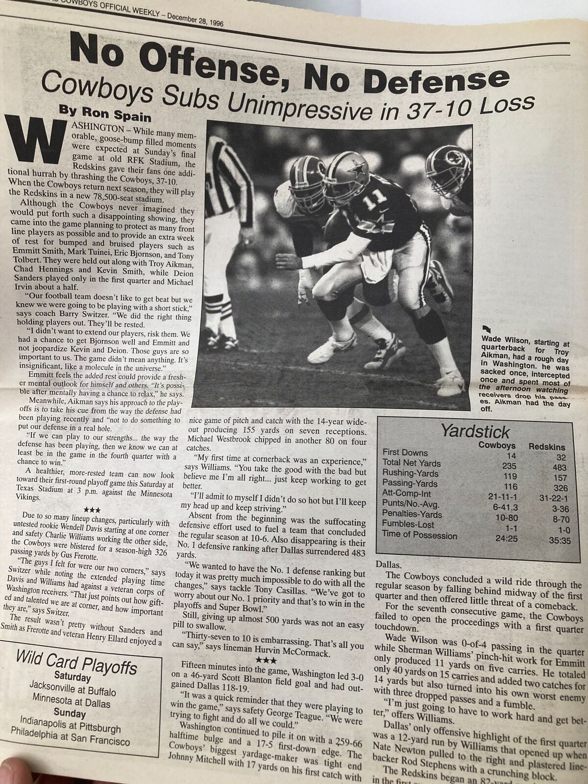 Article from Dallas Cowboys Weekly Newspaper December 28 1996 Vol 22 #29 discussing a game summary and team performance in the 37-10 loss against the Washington Redskins.