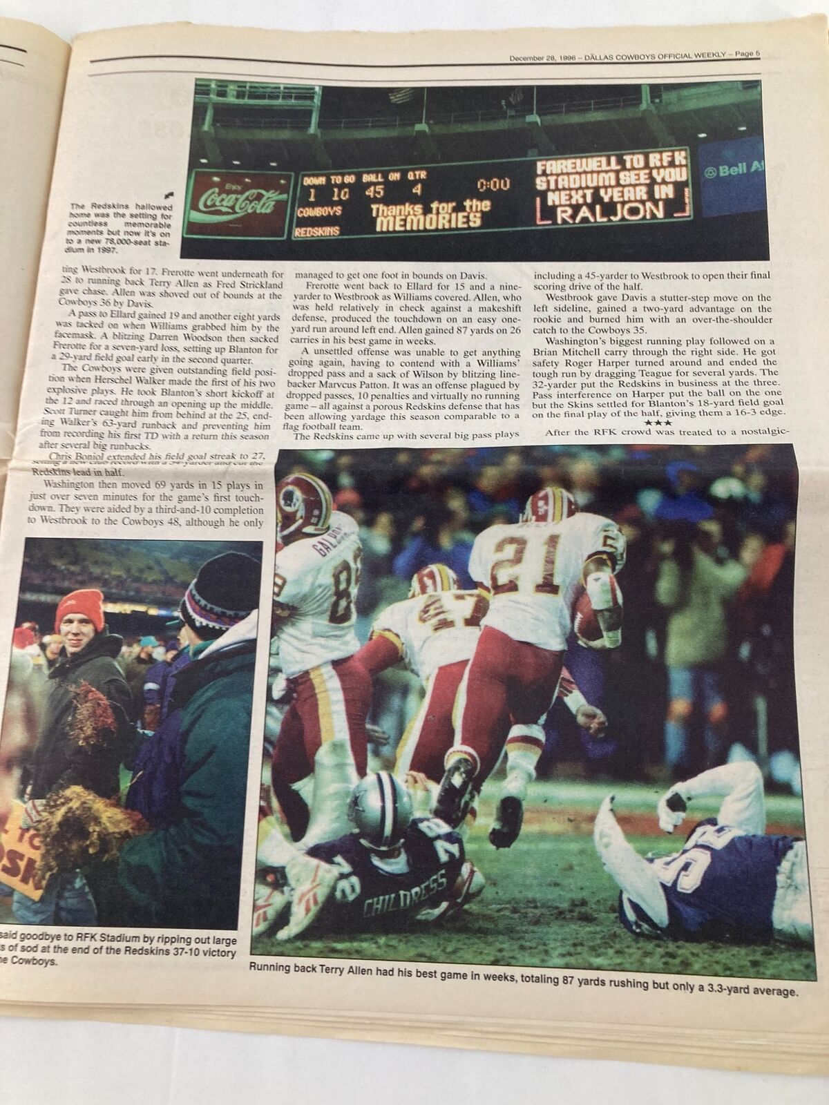 Dallas Cowboys Weekly Newspaper December 28 1996 Vol 22 #29 Herschel Walker featuring a game capture with the Cowboys and a player in action.