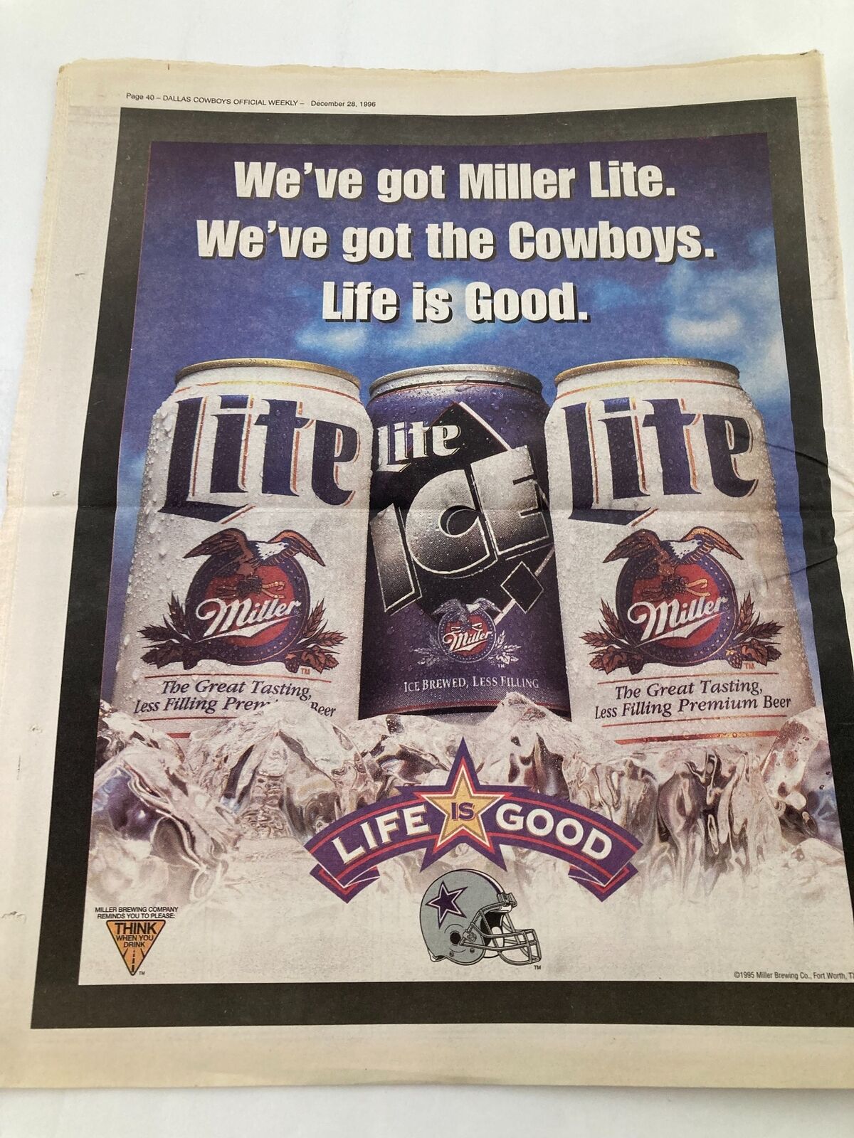 Dallas Cowboys Weekly Newspaper December 28 1996 Vol 22 #29 Herschel Walker showcasing a vintage advertisement for Miller Lite beer with Cowboys branding.