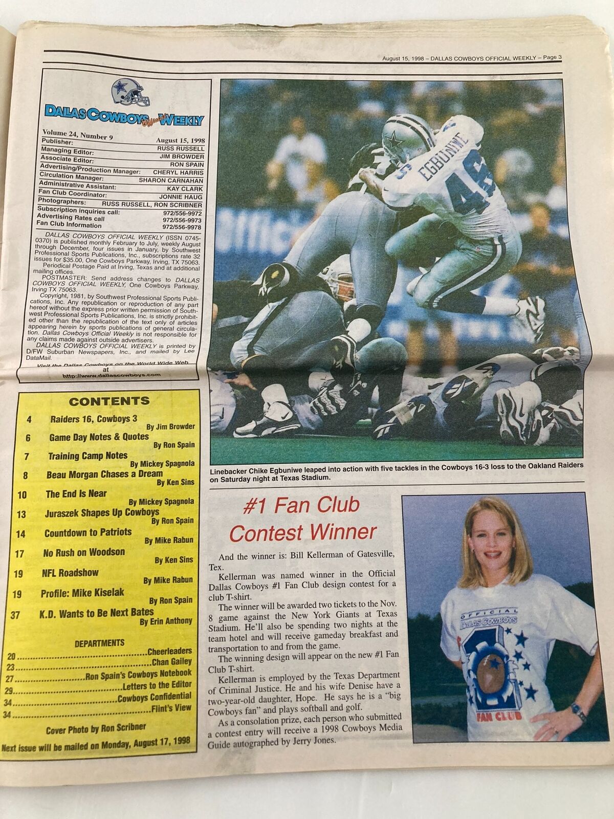 Interior page of Dallas Cowboys Weekly Newspaper August 15 1998 Vol 24 #9 showcasing game highlights and fan club contest winner.