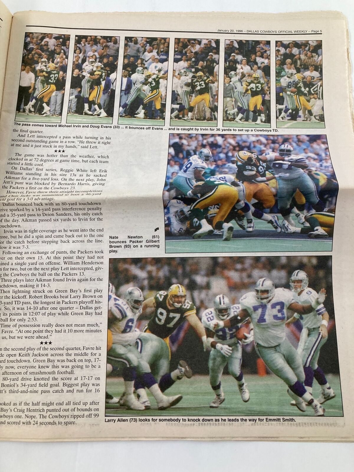 Dallas Cowboys Weekly Newspaper January 20 1996 Vol 21 #32 Leon Lett Intercepts depicting action shots from the Cowboys vs Packers game, highlighting key plays.