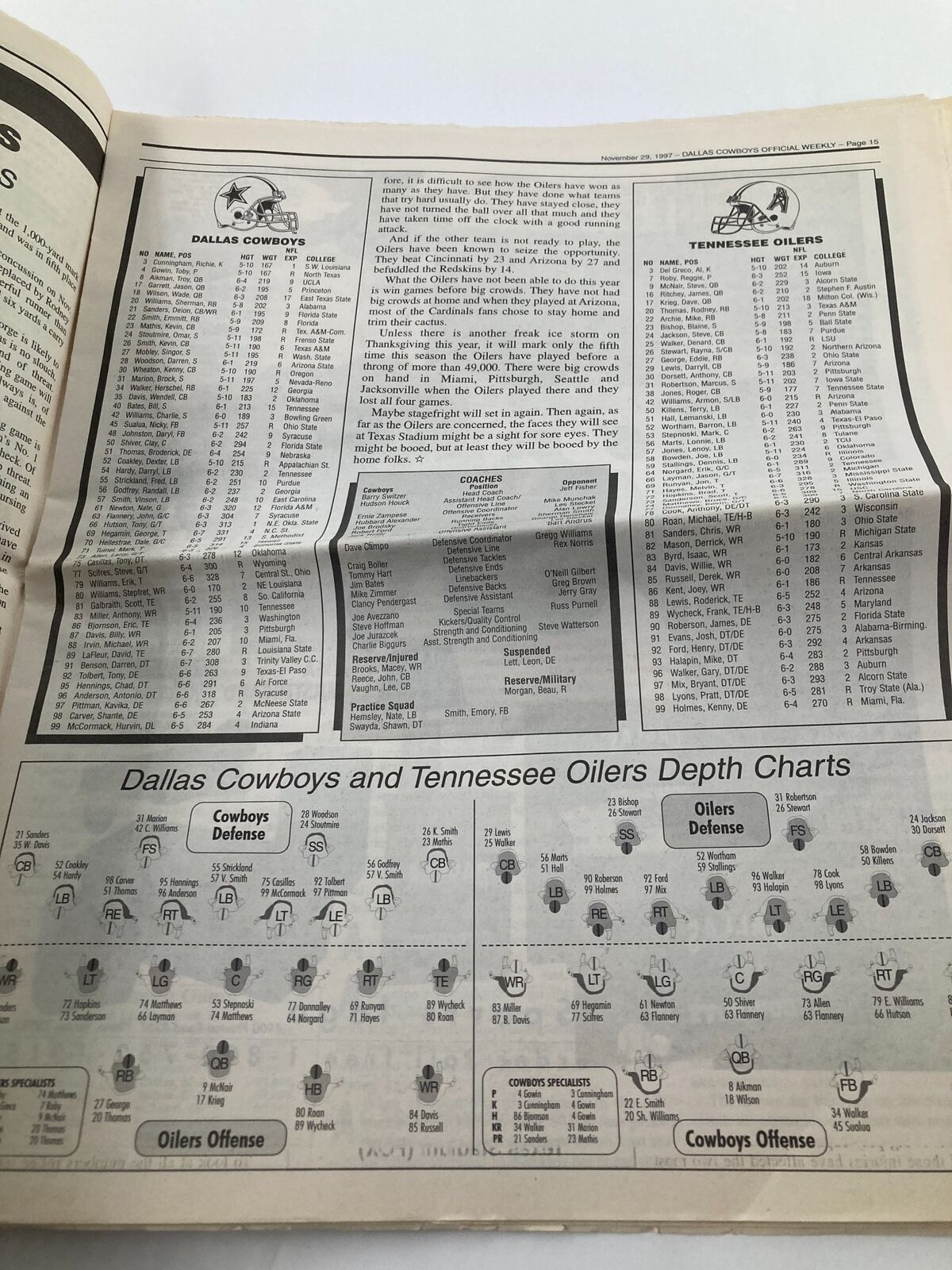 Depth charts for the Dallas Cowboys and Tennessee Oilers from the Dallas Cowboys Weekly Newspaper November 29 1997, Vol 23 #25 Emmitt Smith Scores.
