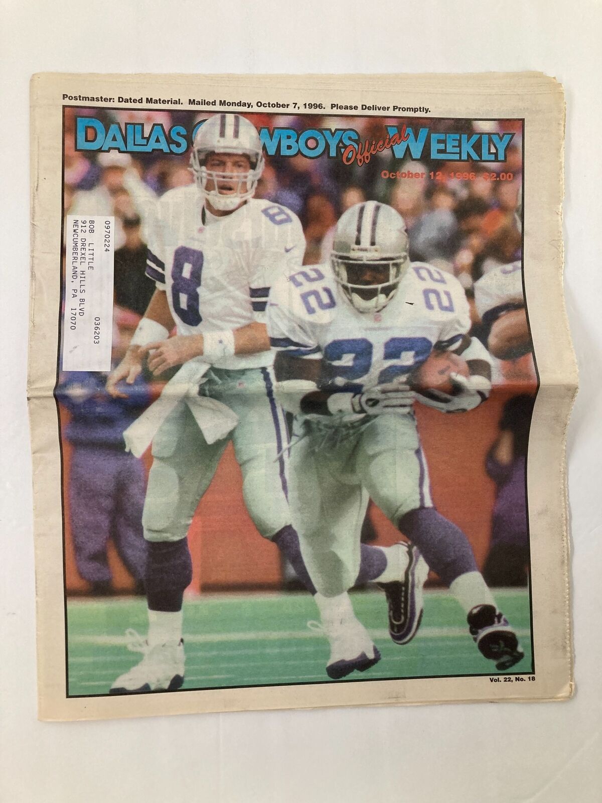 Dallas Cowboys Weekly Newspaper October 12 1996 Vol 22 #18 featuring George Teague with players on the field, showcasing Dallas Cowboys football action.