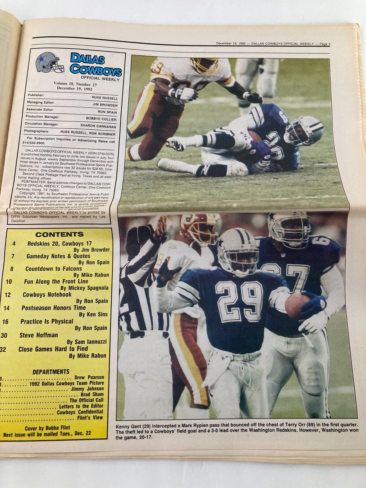 Interior page of Dallas Cowboys Weekly Newspaper December 19, 1992 Vol 18 #27 highlighting a game summary with images of players in action, including Kenny Gant.