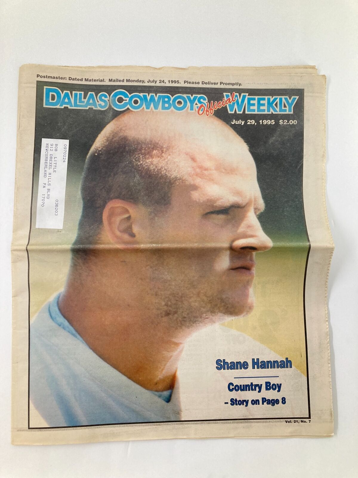 Dallas Cowboys Weekly Newspaper July 29 1995 Vol 21 #7 featuring Shane Hannah as Country Boy on the cover, showcasing a close-up of Shane's profile.