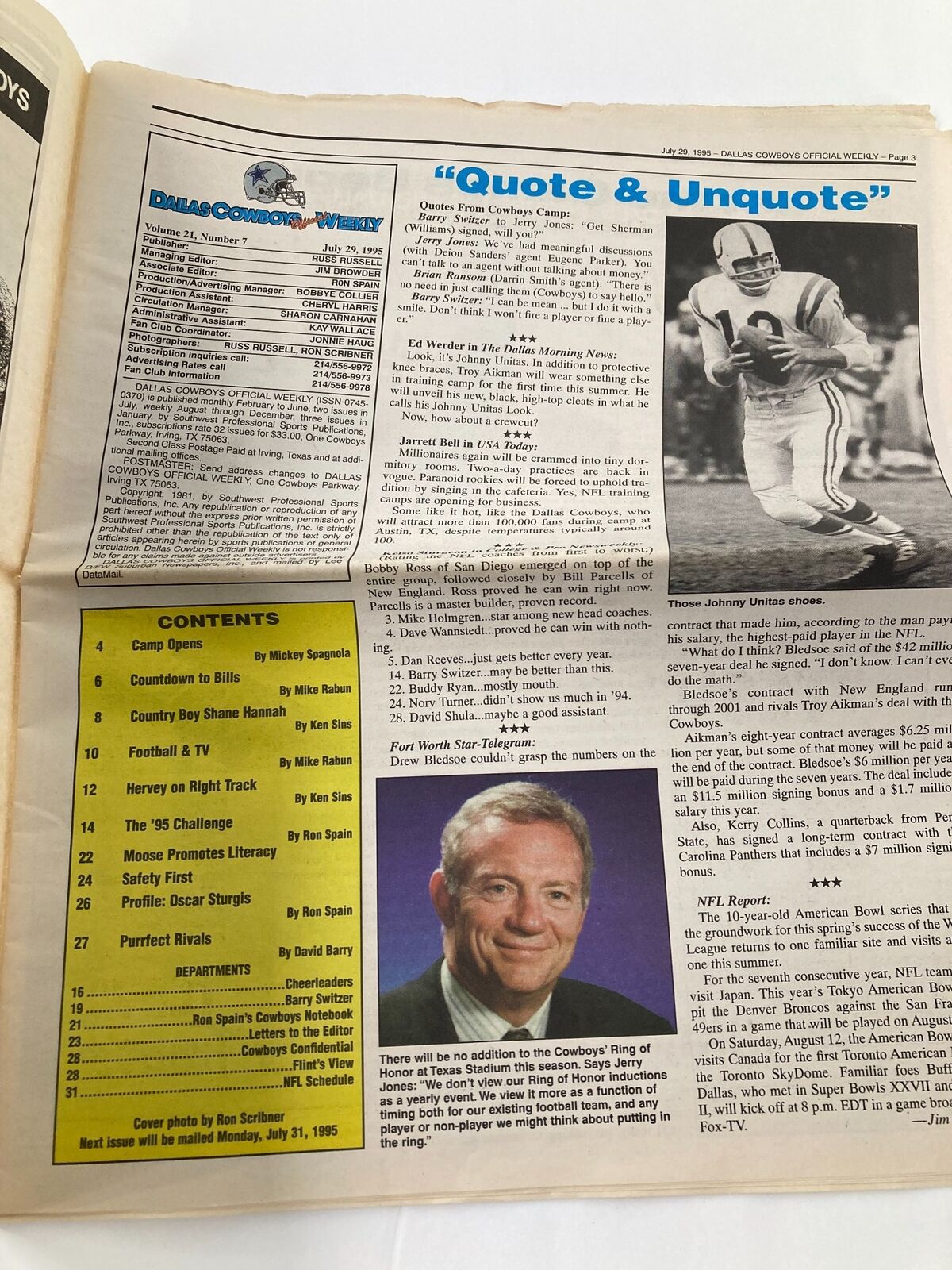 Interior page of the Dallas Cowboys Weekly Newspaper July 29 1995 Vol 21 #7 featuring an article titled 'Quote & Unquote' with content related to the Dallas Cowboys.