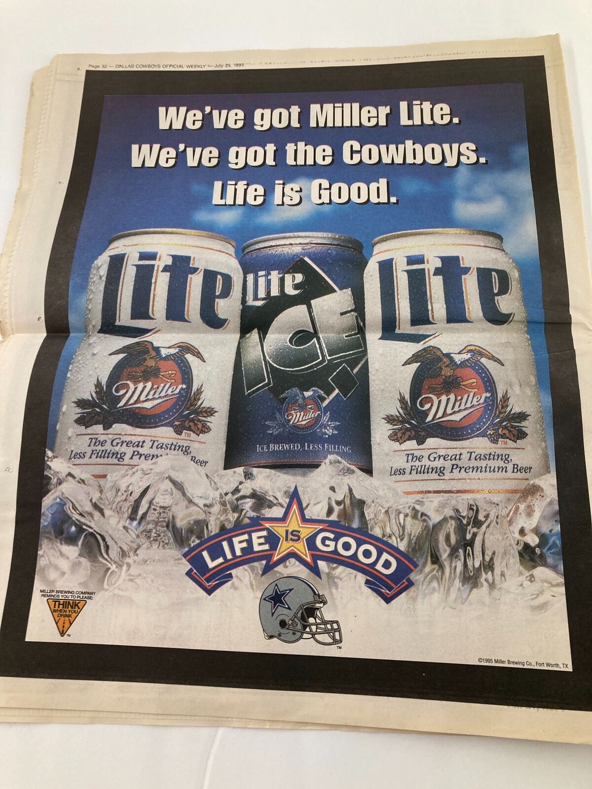 Advertisement page from Dallas Cowboys Weekly Newspaper July 29 1995 Vol 21 #7, promoting Miller Lite beer with Cowboys branding, stating 'Life is Good'.