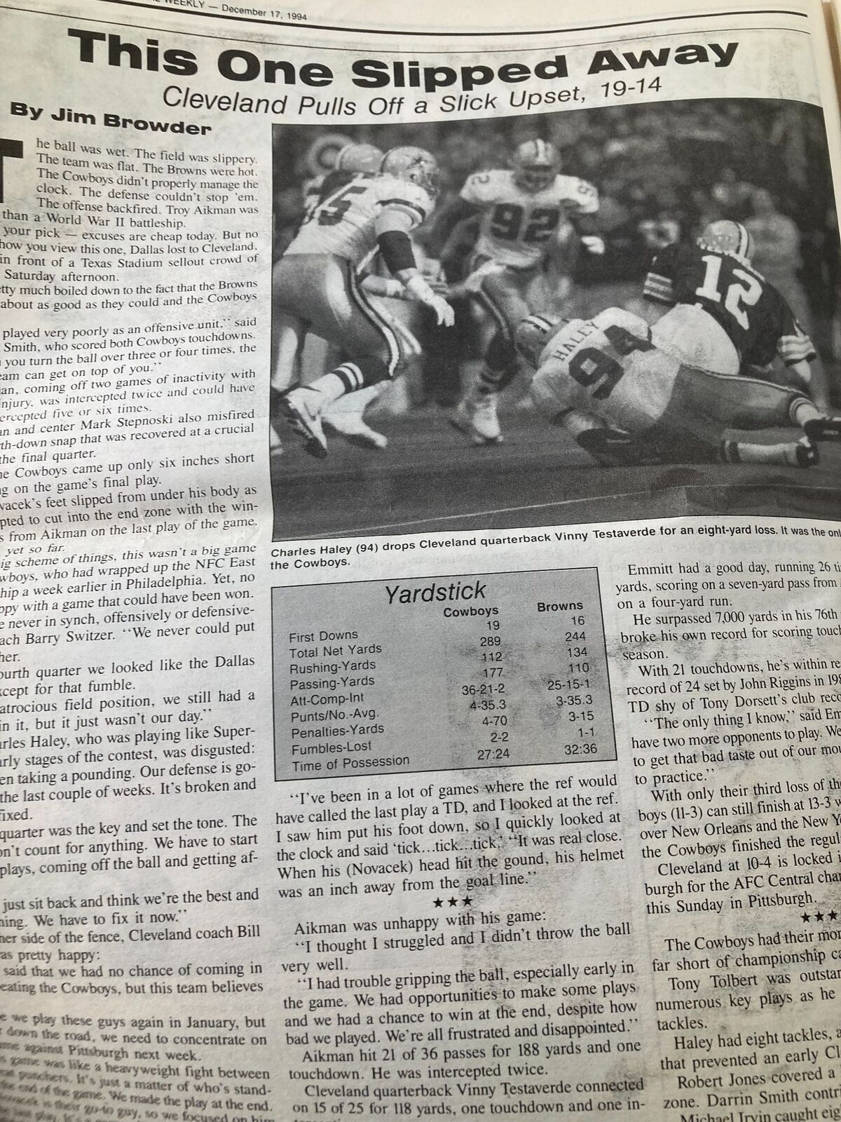 Dallas Cowboys Weekly Newspaper December 17 1994 Vol 20 #27 continuation of the article analyzing the Dallas Cowboys vs. Cleveland Browns game.