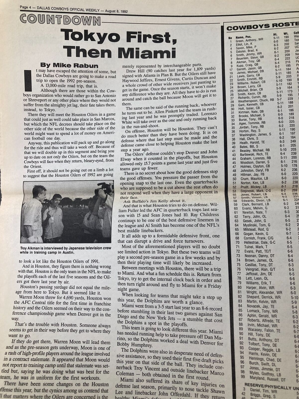 Article page from the Dallas Cowboys Weekly Newspaper August 8 1992 Vol 18 #8 The Autograph Seekers featuring a recap of Tokyo and Miami events.