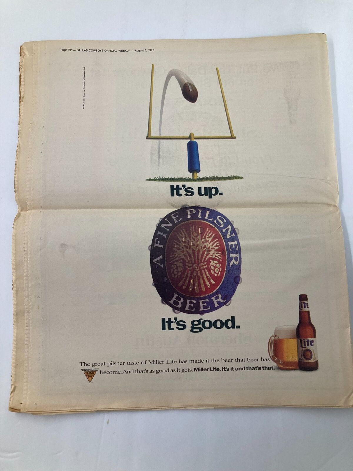 Dallas Cowboys Weekly Newspaper August 8 1992 Vol 18 #8 The Autograph Seekers. A vintage advertisement showing Miller Lite beer with the slogan 'It's up. It's good.' emphasizing the quality of fine pilsner beer, capturing a moment in beer advertising history.