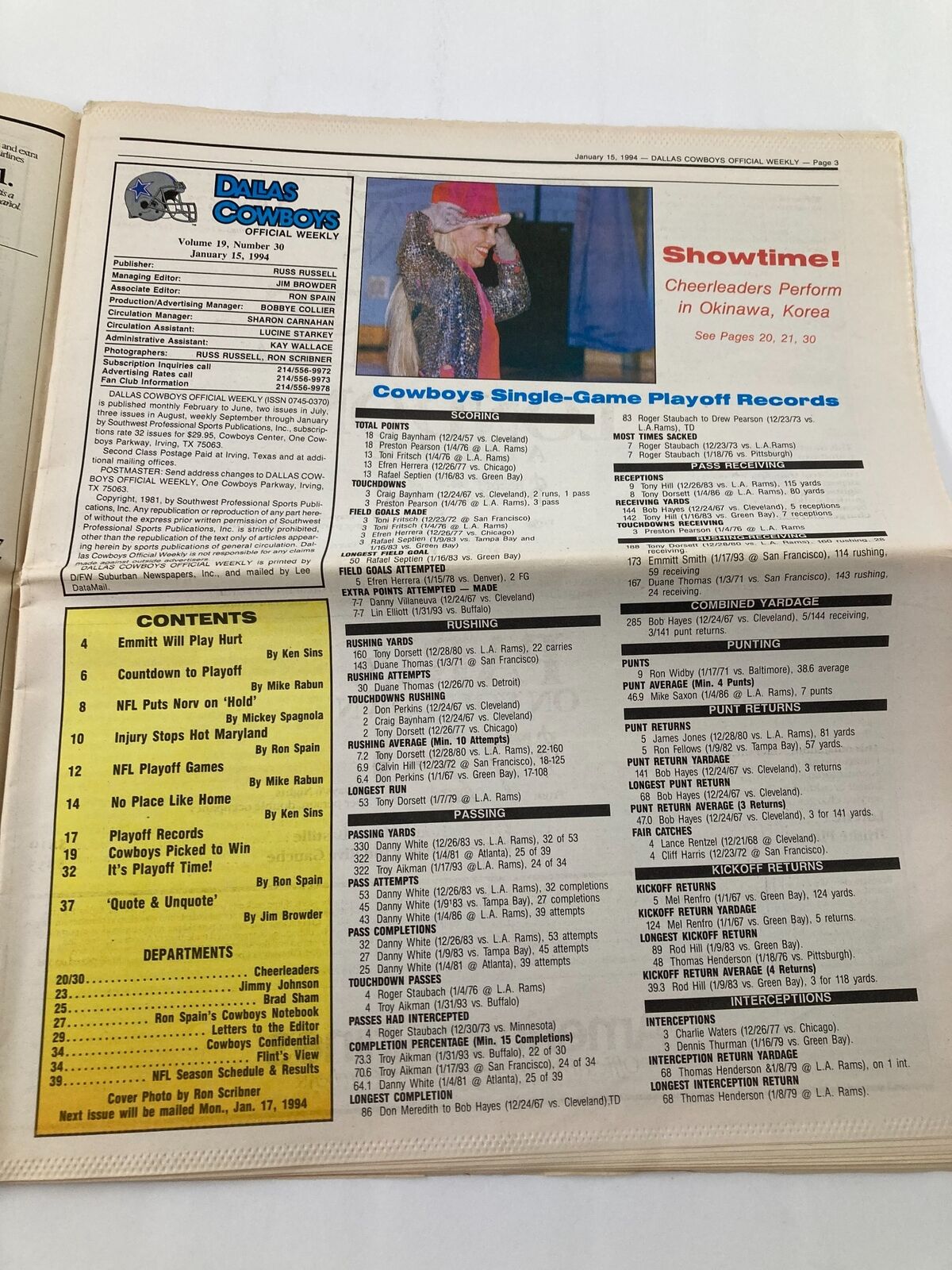 Inside page of Dallas Cowboys Weekly Newspaper January 15 1994 Vol 19 #30 displaying articles including 'Cowboys Single-Game Playoff' and a photo of a cheerleader.