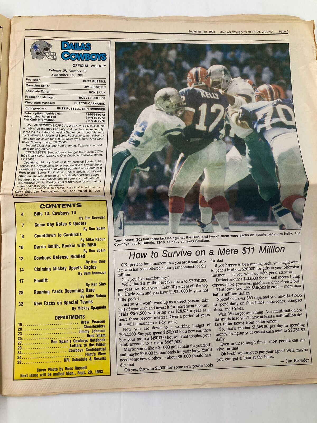 Dallas Cowboys Weekly Newspaper September 18 1993 Vol 19 #13 Michael Irvin featuring players in action during a game.