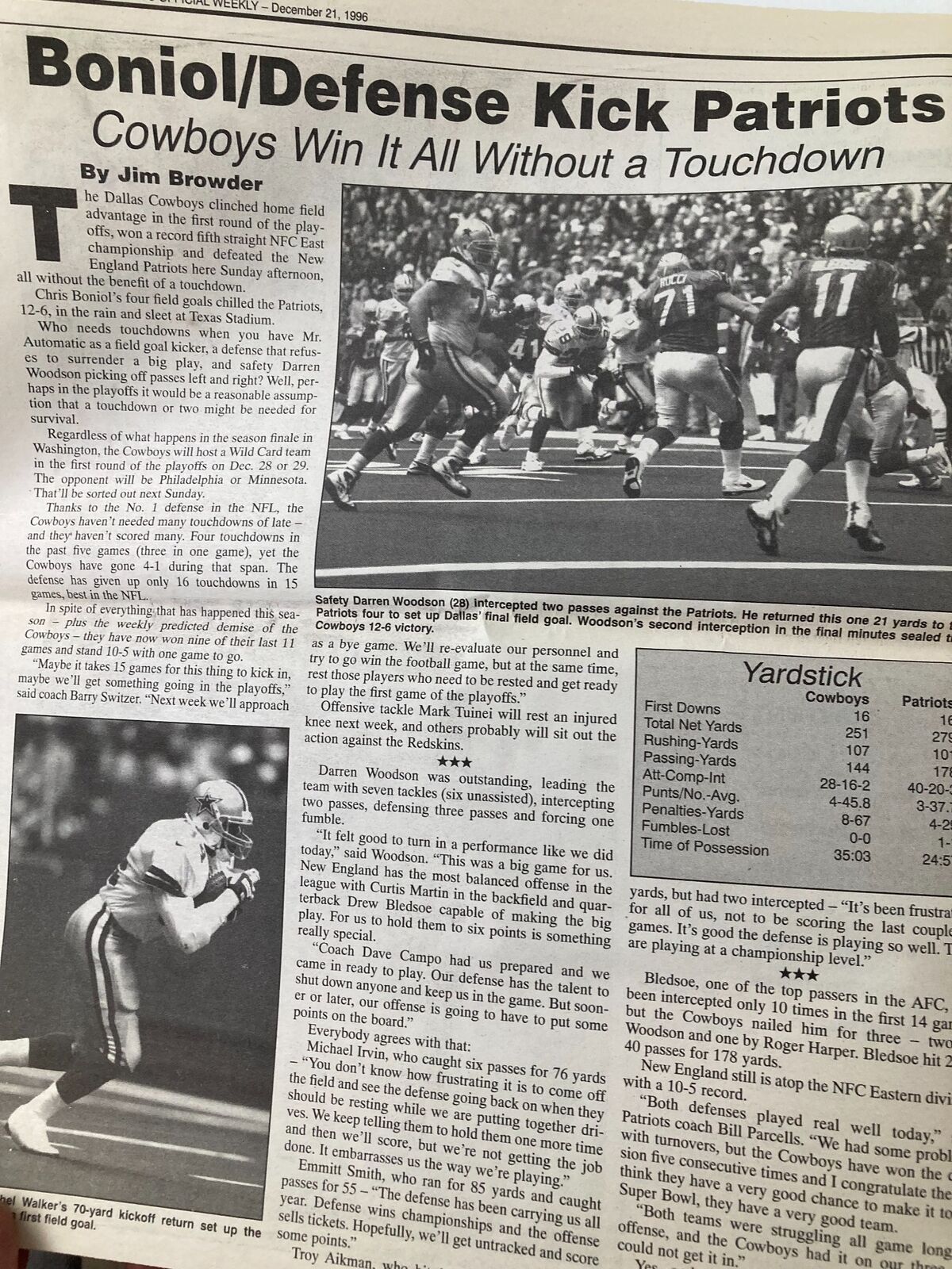 Dallas Cowboys Weekly Newspaper December 21 1996 Vol 22 #28 featuring an article about the Cowboys' game against the Patriots, with highlights of the match and player statistics.