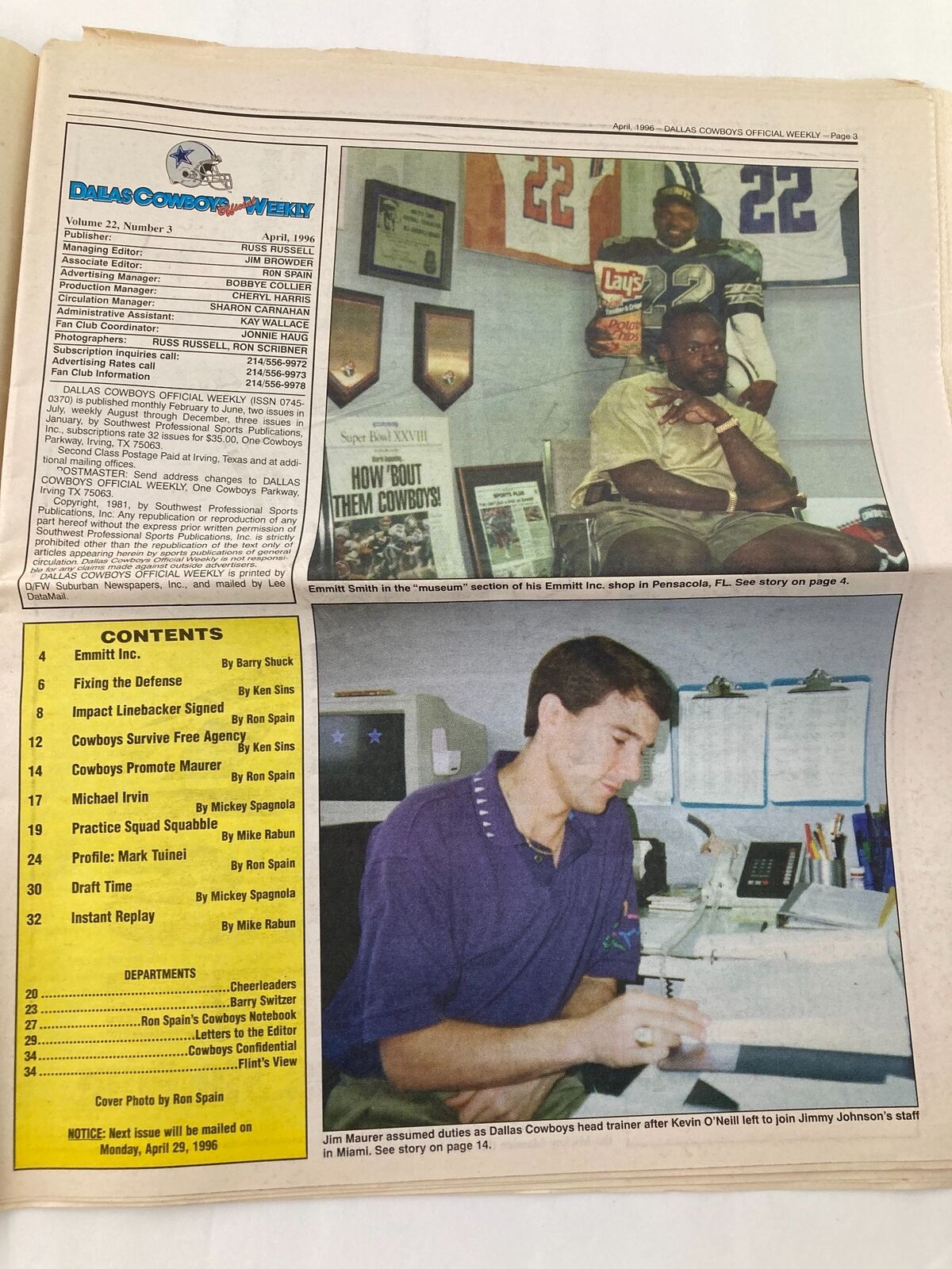 April 1996 edition of Dallas Cowboys Weekly Newspaper featuring articles and images on the Dallas Cowboys, including a cutaway of the team office with players displayed.