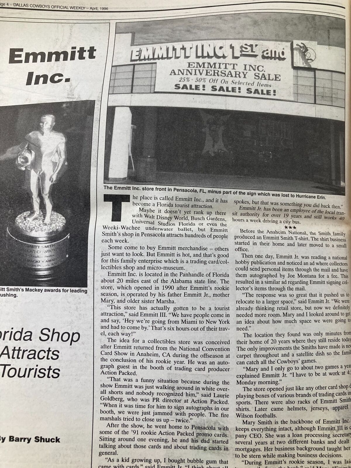 Emmitt Inc. store front in Pensacola, FL, featured in Dallas Cowboys Weekly Newspaper April 1996, celebrating its anniversary sale after hurricane damage.