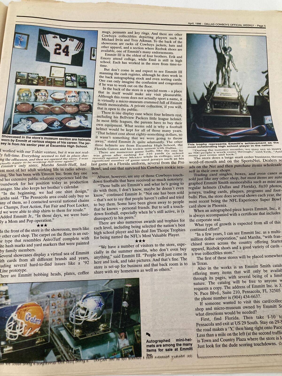 Display of memorabilia and trophies in the April 1996 Dallas Cowboys Weekly Newspaper, featuring an overview of Dallas Cowboys collectibles.
