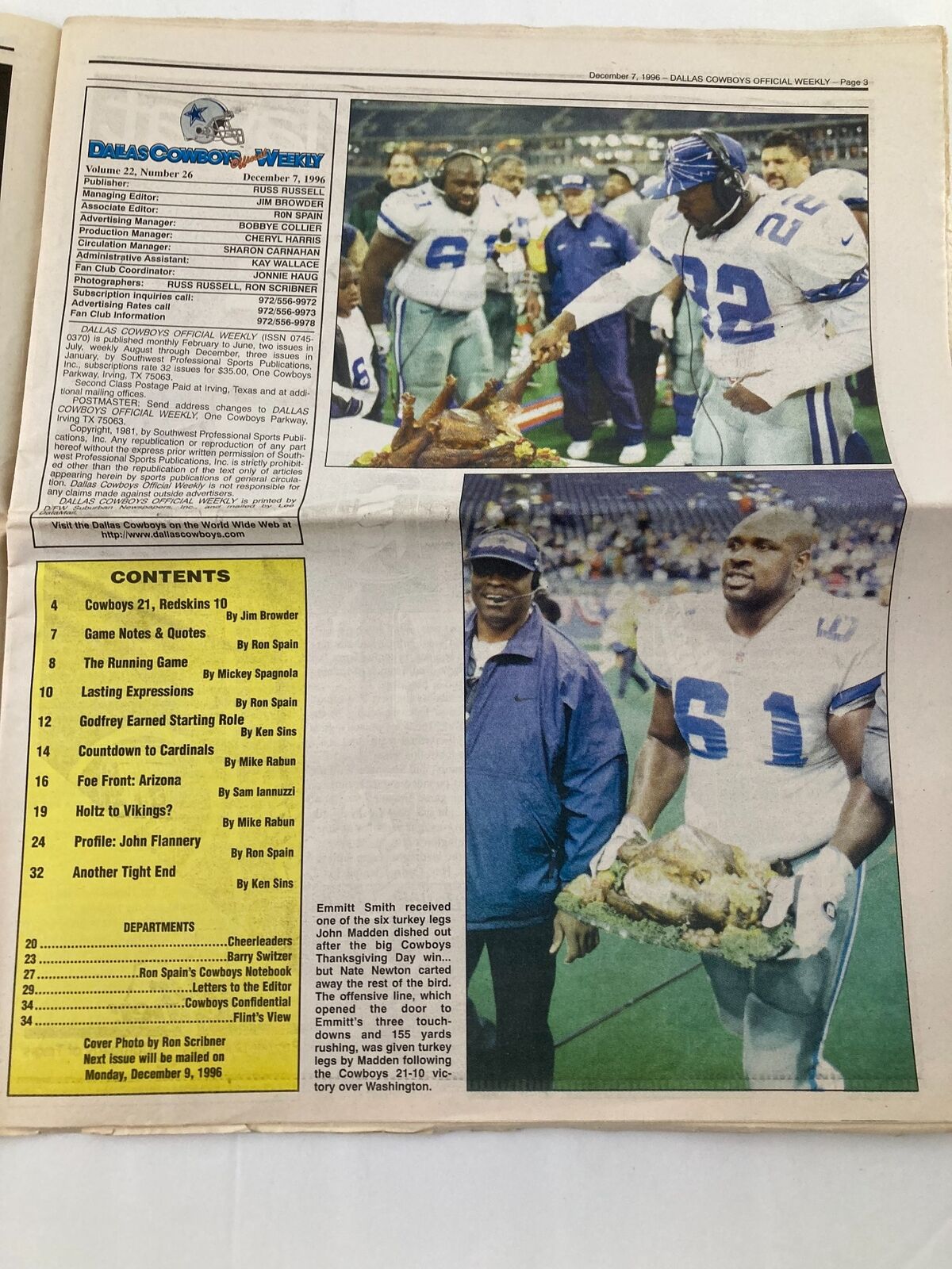 Interior page of the Dallas Cowboys Weekly Newspaper December 7, 1996, displaying pictures of Emmitt Smith and game details, along with a content list.
