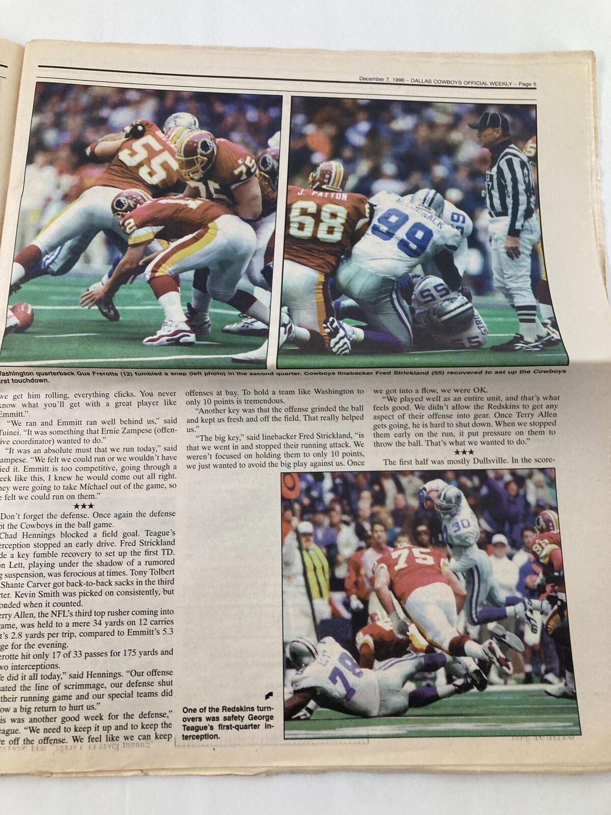 Another interior page of the Dallas Cowboys Weekly Newspaper December 7, 1996, featuring action shots from a football game, detailing player interactions.
