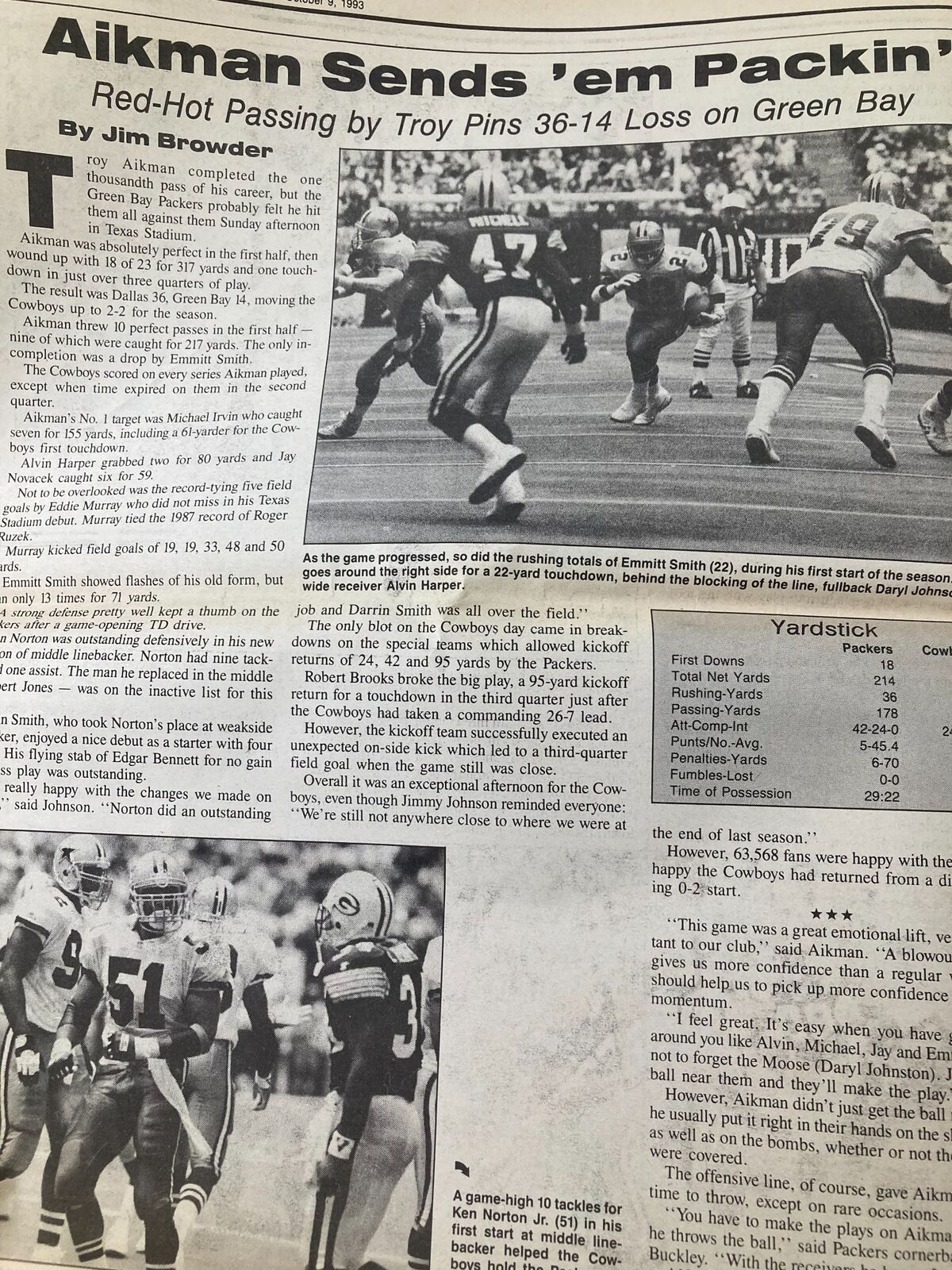 Dallas Cowboys Weekly Newspaper October 9 1993 Vol 19 #16 featuring Aikman sends them packing article with players in action during the game against the Green Bay Packers.