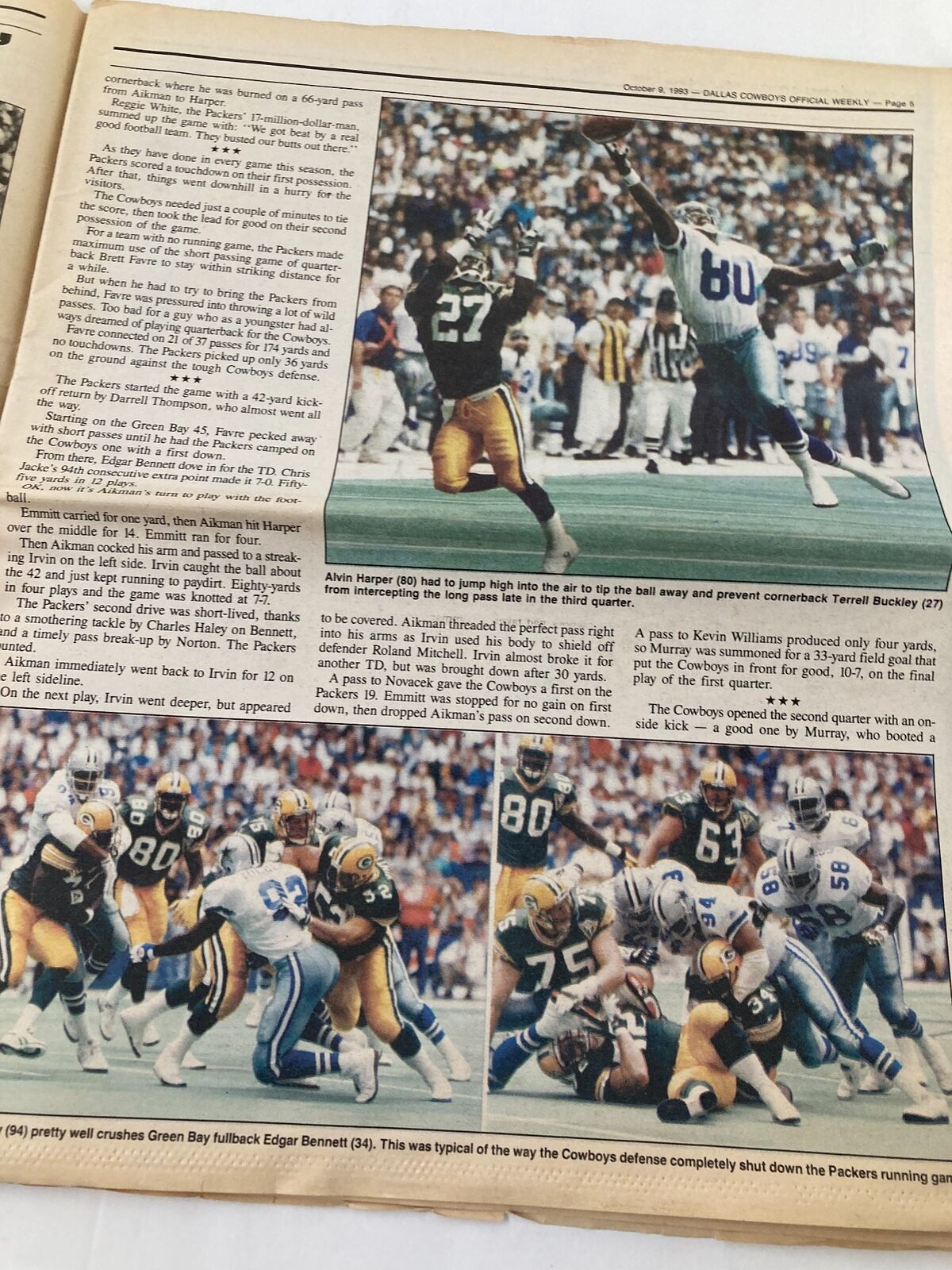 Dallas Cowboys Weekly Newspaper October 9 1993 Vol 19 #16 showing a play between the Dallas Cowboys and Green Bay Packers, including players in action, highlighting Emmitt Smith and others.