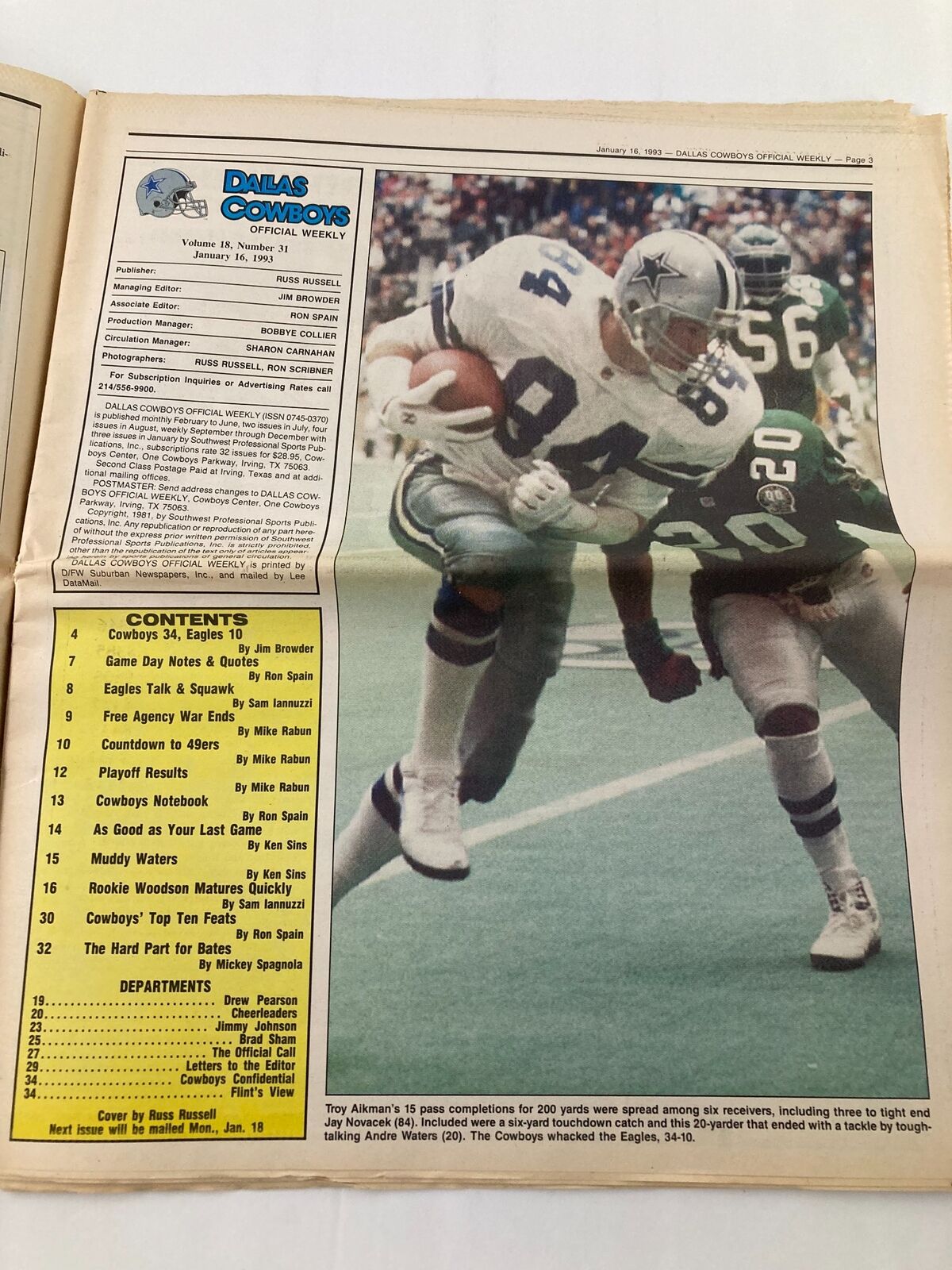 Dallas Cowboys Weekly Newspaper January 16 1993 Vol 18 #31, inside page showing player statistics and content details, along with an image of a Cowboys player evading an opponent.