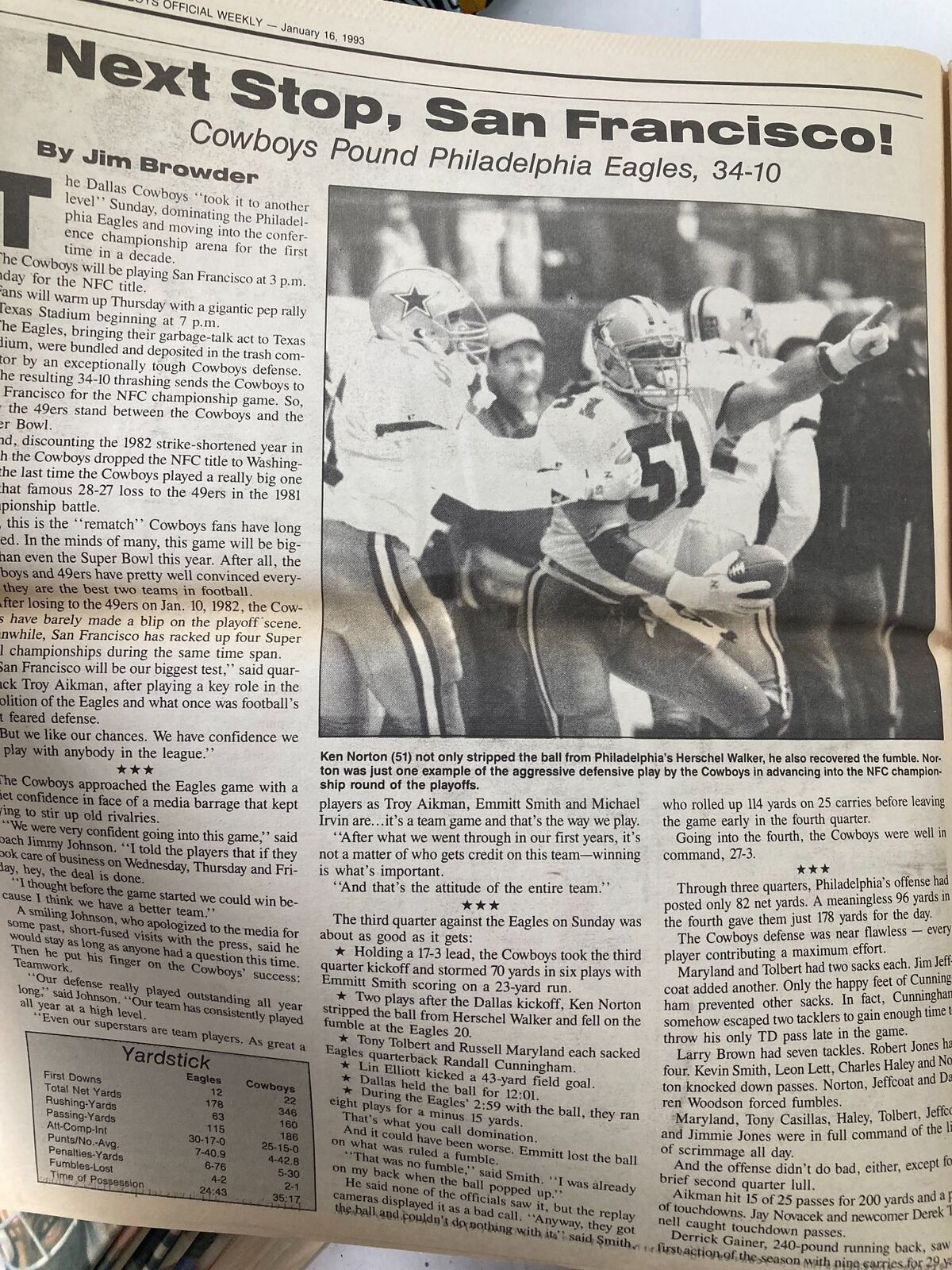 Article from the Dallas Cowboys Weekly Newspaper January 16, 1993, detailing the Cowboys' victory over the Philadelphia Eagles with a score of 34-10.