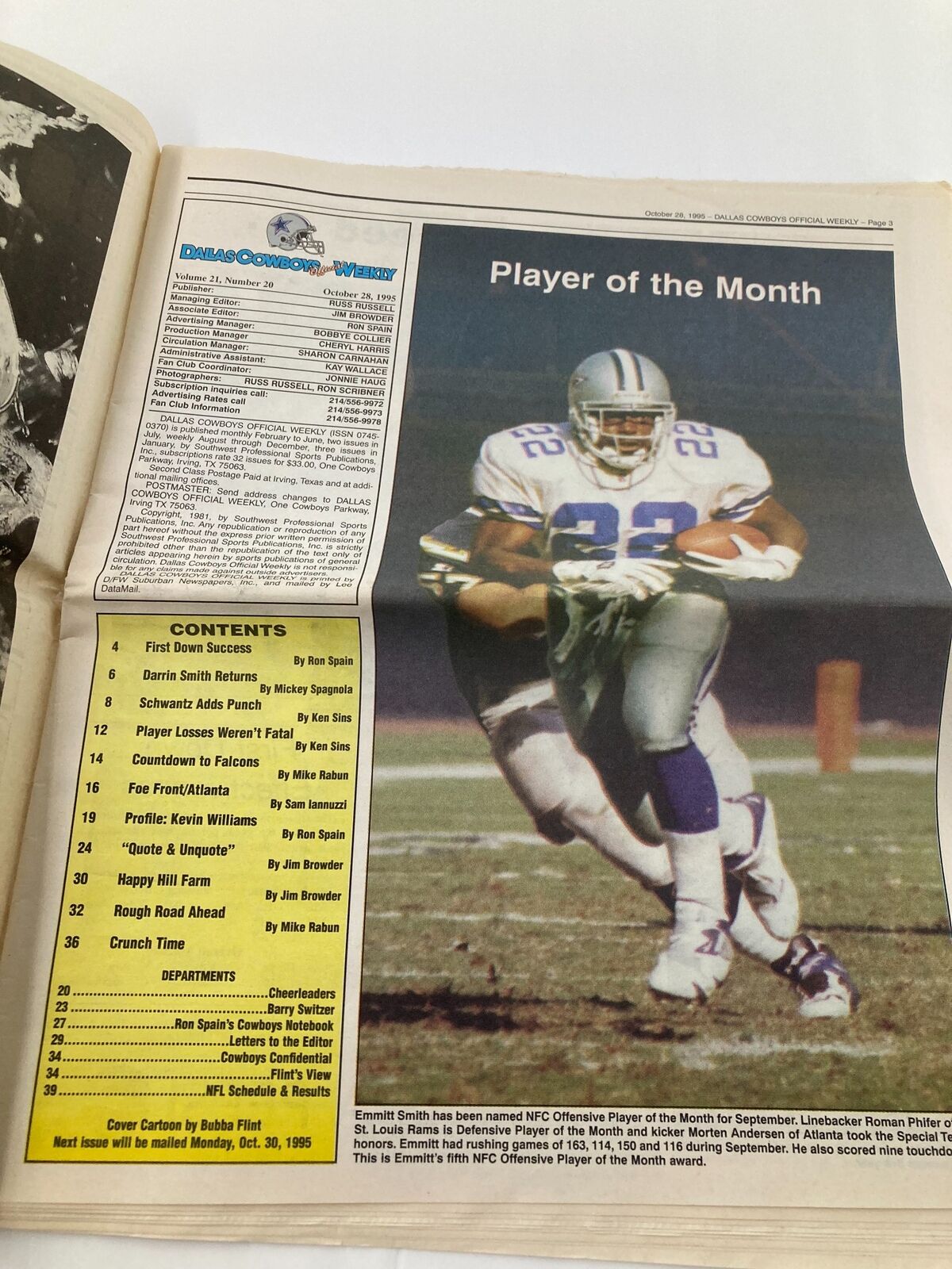 Inside page of the Dallas Cowboys Weekly Newspaper, October 28, 1995, highlighting Emmitt Smith as Player of the Month with a photo of him running, showcasing contents related to his achievements.