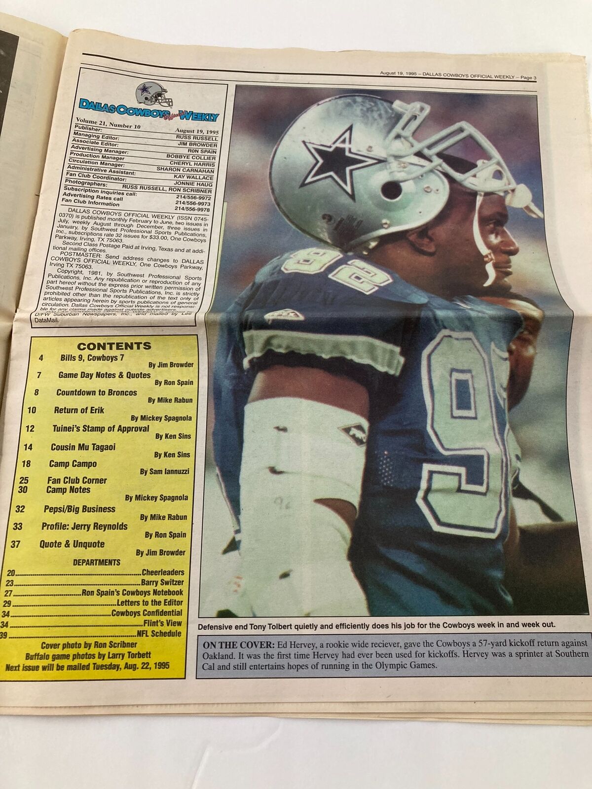Interior page of the Dallas Cowboys Weekly Newspaper August 19 1995 Vol 21 #10, highlighting Ed Harvey's profile and details about the upcoming game.
