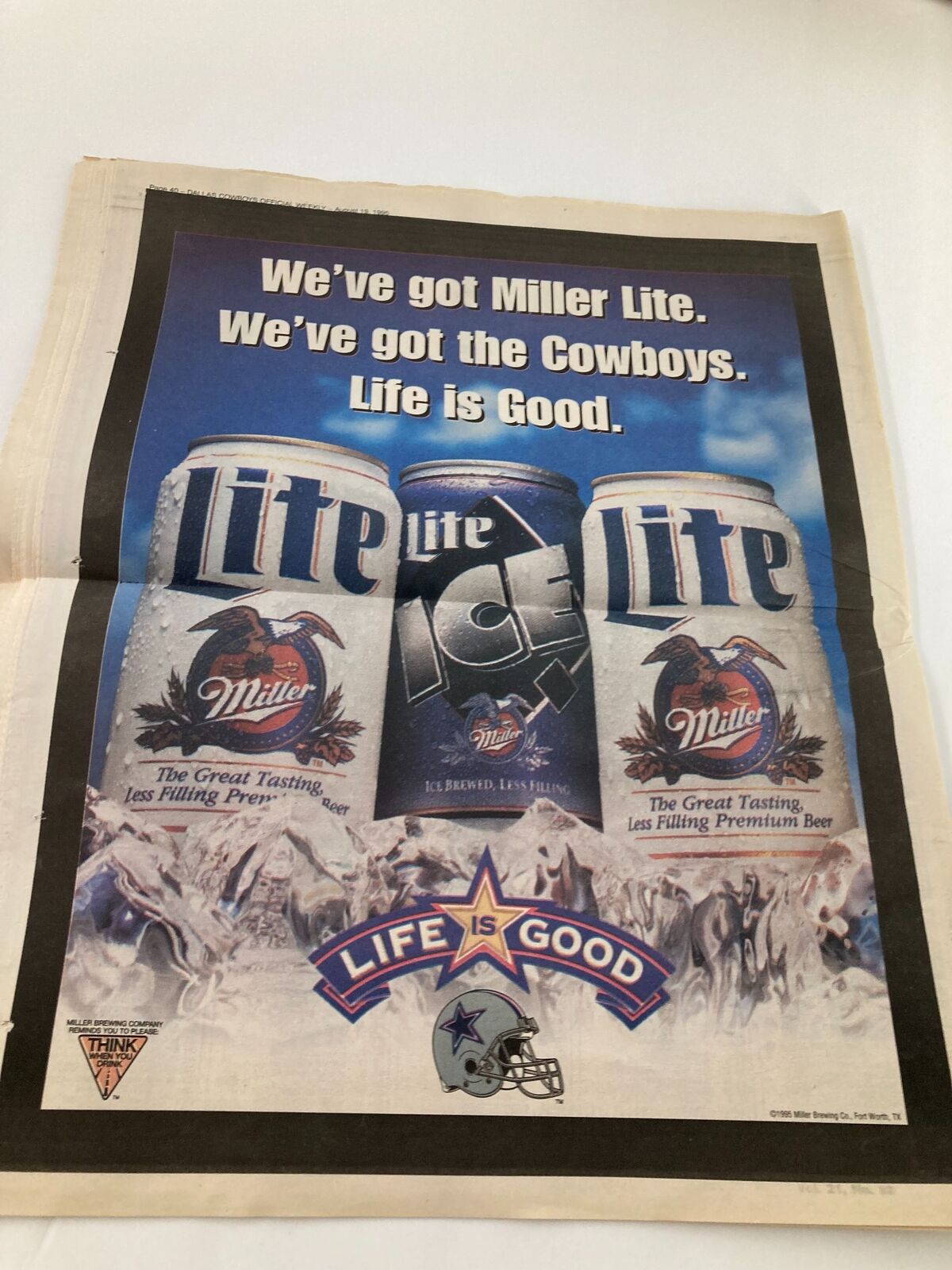 Dallas Cowboys Weekly Newspaper August 19 1995 Vol 21 #10 Speedster Ed Harvey featuring a vintage Miller Lite advertisement with Cowboys branding.