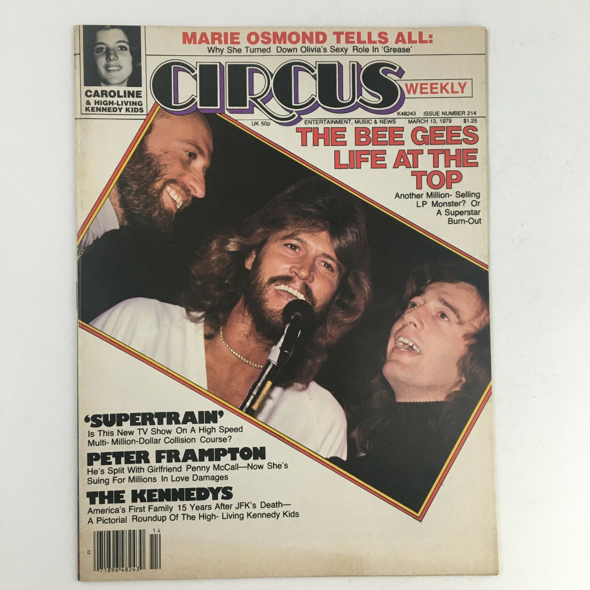 Cover of Circus Magazine March 13, 1979 featuring The Bee Gees with the title 'The Bee Gees Life at the Top'. Includes details about Peter Frampton and Kennedy kids.