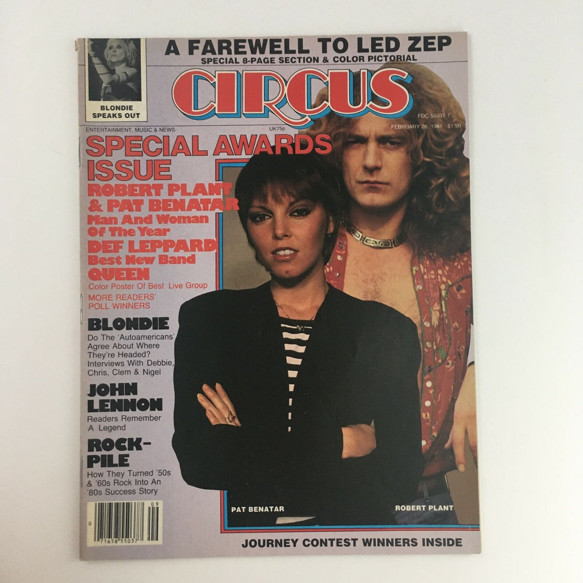 Circus Magazine February 28 1981 cover featuring Pat Benatar and Robert Plant, highlighting their recognition as Man and Woman of the Year, along with additional awards and features from iconic music artists.