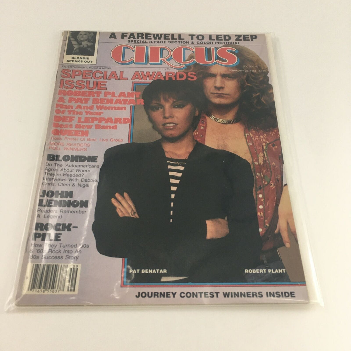 Circus Magazine February 28 1981 cover in plastic protection, showcasing Pat Benatar and Robert Plant, celebrating their achievements and the dynamic rock culture of the time.