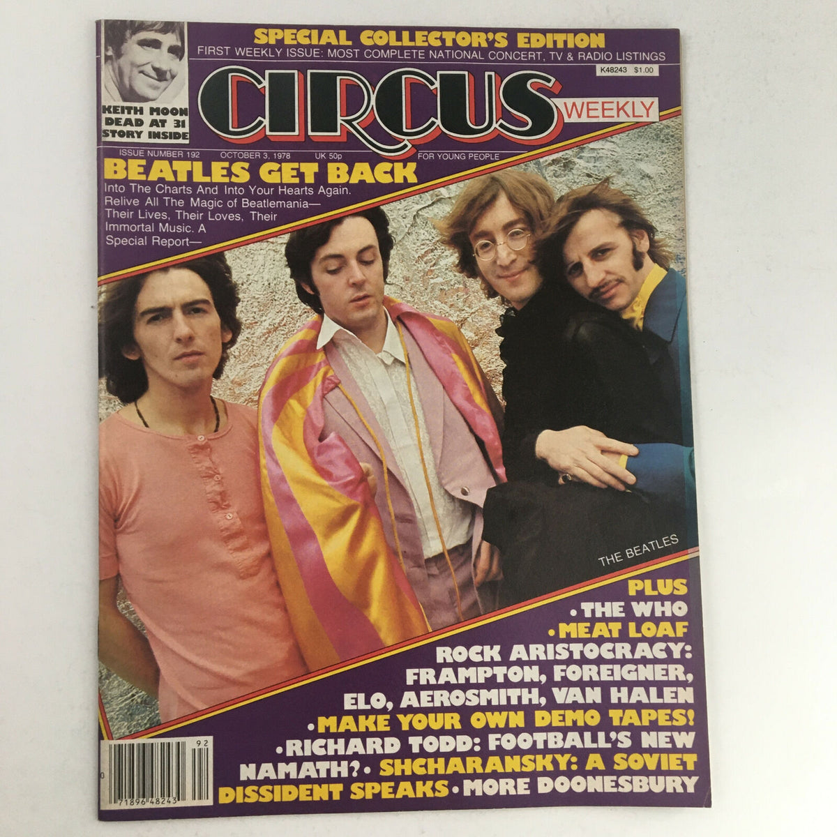 Cover of Circus Magazine, October 3, 1978 featuring The Beatles, Keith Moon, and Steve T. Highlights 'Beatles Get Back' with iconic images and articles related to rock legends, making it a must-have for vintage magazine collectors.