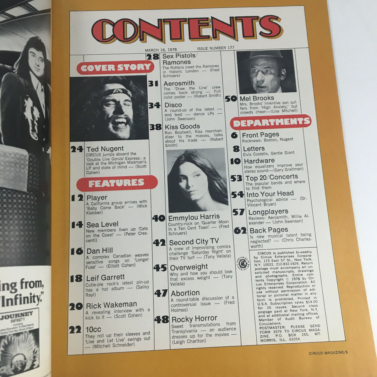 Contents page of Circus Magazine March 16 1978, detailing articles on Ted Nugent, Aerosmith, and other music legends, enhancing the vintage publication's appeal.