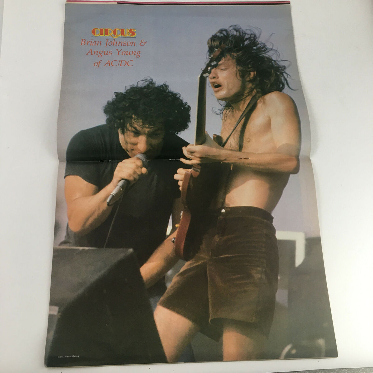 Full-color poster from Circus Magazine November 30, 1980 featuring Brian Johnson and Angus Young of AC/DC performing live.