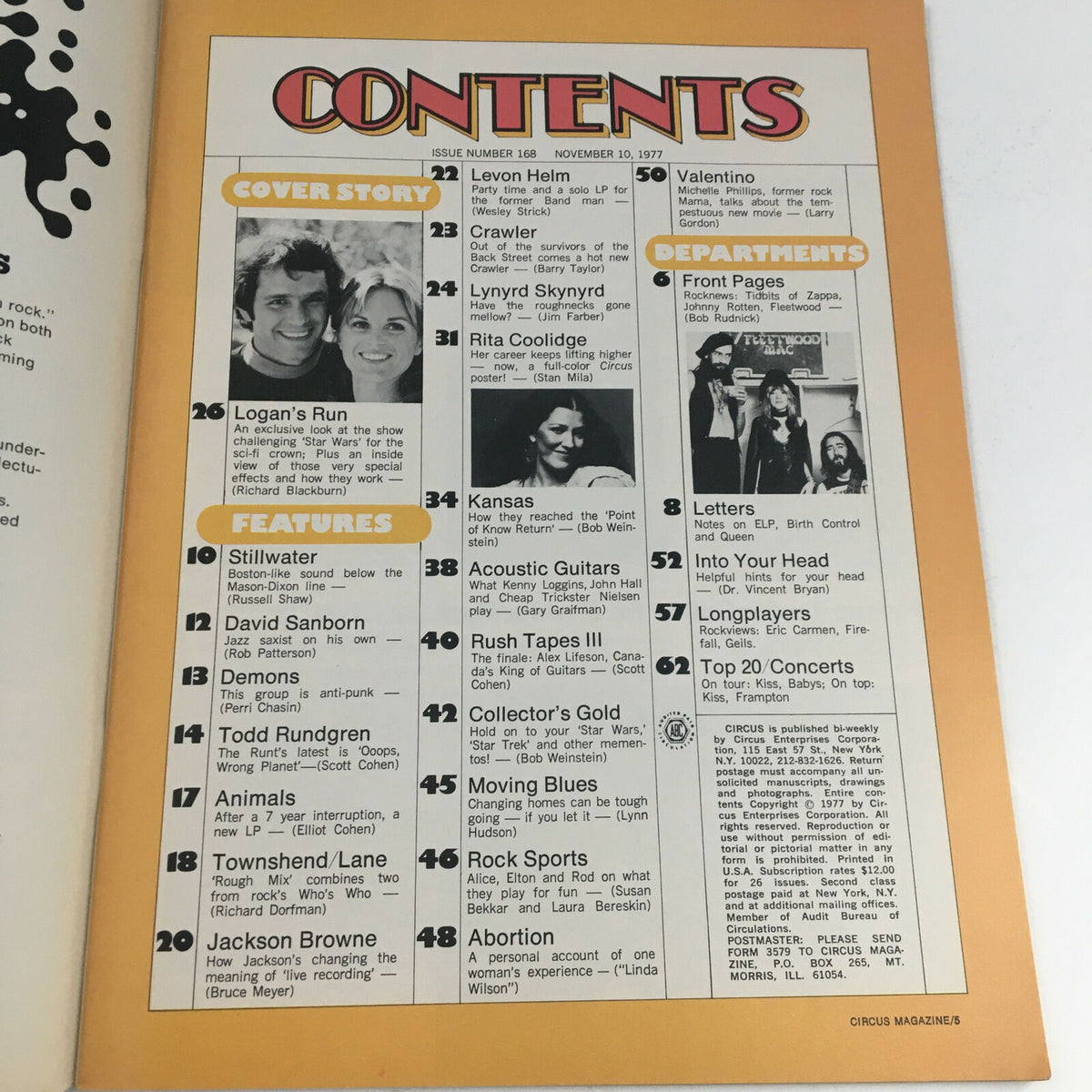 Contents page of Circus Magazine November 10 1977 featuring Greg Harrison and Rita Coolidge, highlighting articles and features from the entertainment industry.