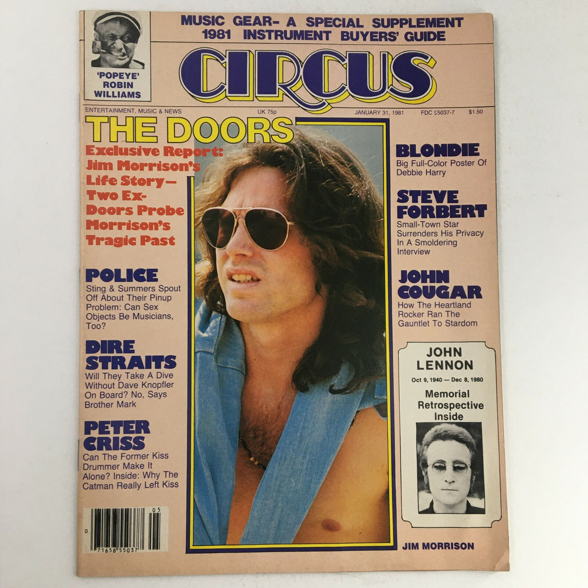 Circus Magazine January 31, 1981 cover featuring Steve Forbert, Jim Morrison, and Debbie Harry, showcasing notable music articles and a cultural retrospective.