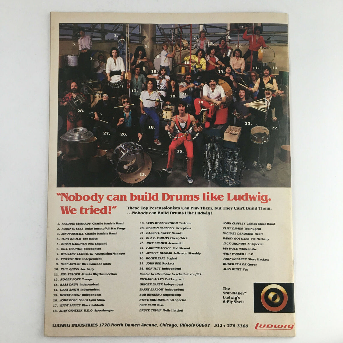 Back cover of Circus Magazine January 31, 1981 featuring various percussionists with the tagline 'Nobody can build Drums like Ludwig. We tried!' showcasing music culture of the era.
