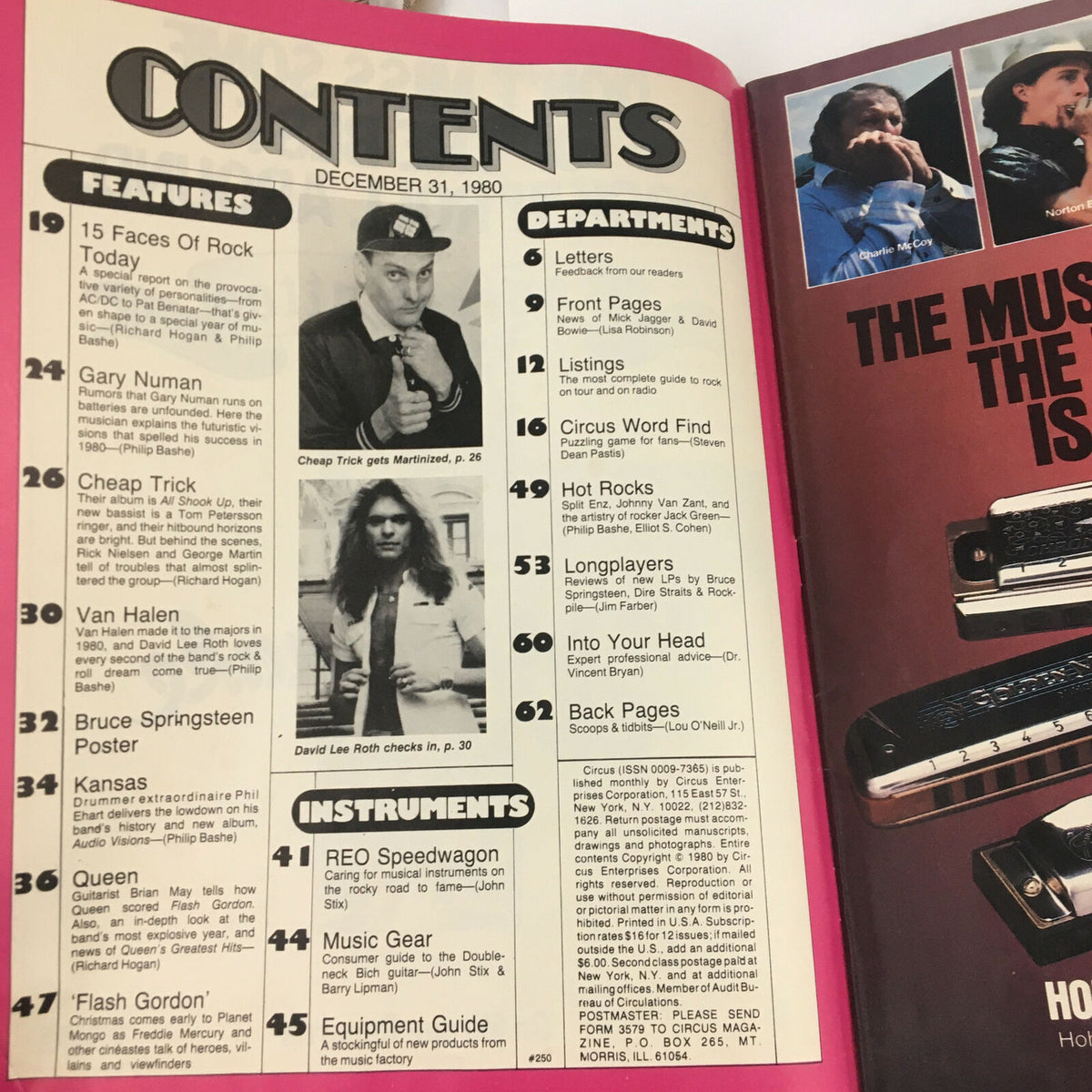 Interior contents page of Circus Magazine December 31 1980, outlining featured artists including Cheap Trick and Bruce Springsteen.