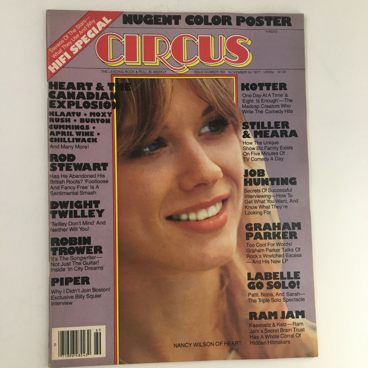 Cover of Circus Magazine from November 24, 1977 featuring Nancy Wilson of Heart, showcasing vibrant colors and a smile, highlights key musicians of the era.