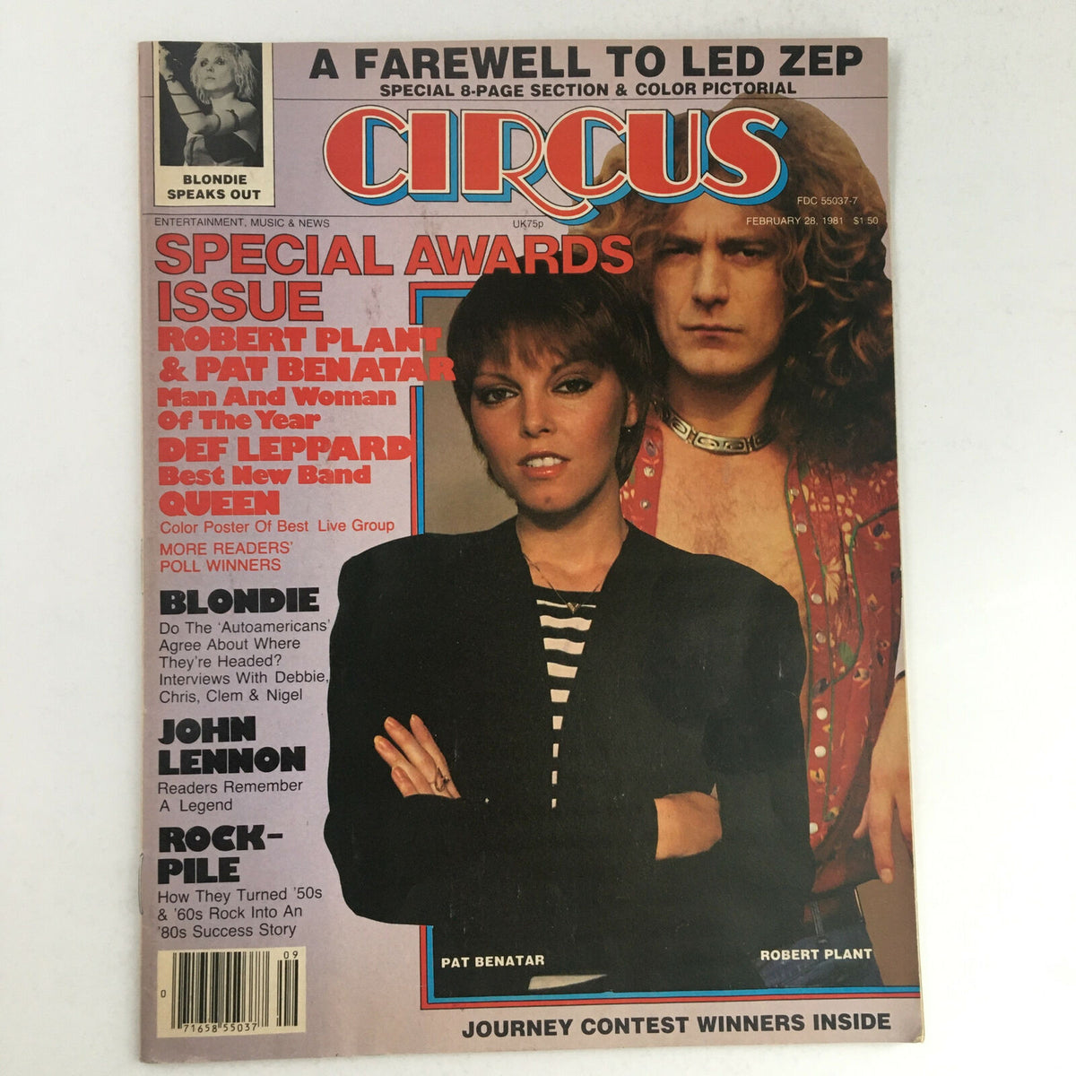 Circus Magazine February 28 1981 cover featuring Pat Benatar and Robert Plant, highlighting their achievements as music icons with special awards issue details.