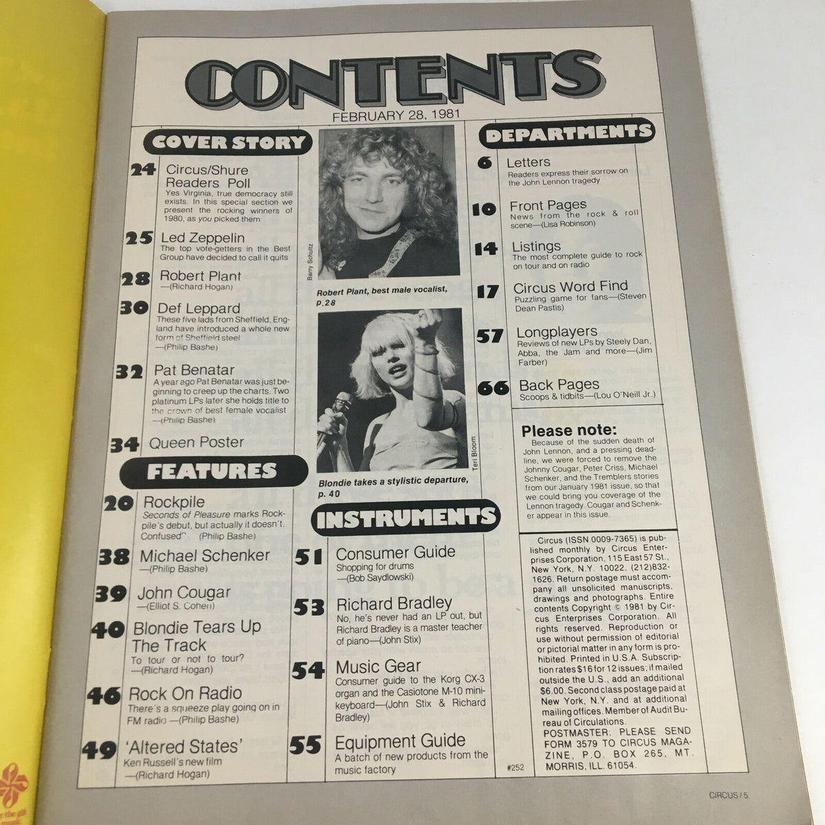 Circus Magazine February 28 1981 contents page showcasing articles about rock legends including Robert Plant and Pat Benatar, along with features on other notable artists.