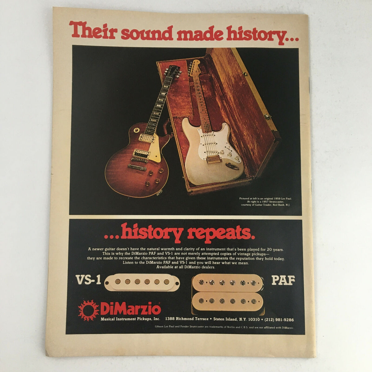 Circus Magazine February 28 1981 advertisement showcasing iconic guitars, emphasizing the rich musical history related to rock music gear.