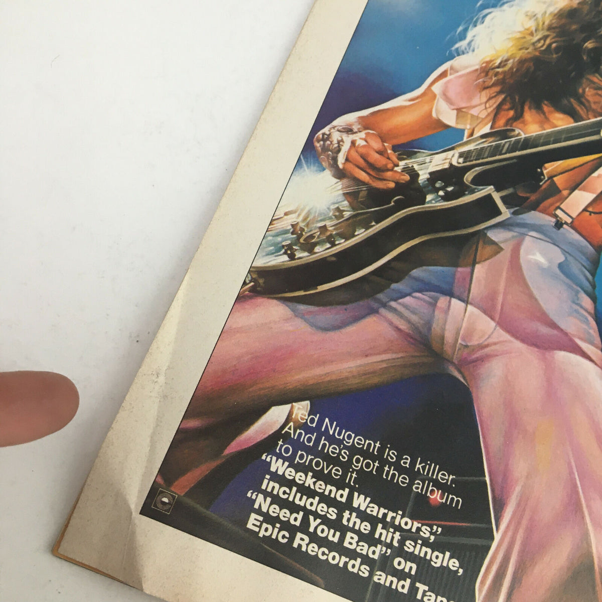 Detail from the Circus Magazine January 16, 1979 featuring a promotional snippet for Ted Nugent's album 'Weekend Warriors' including highlights of his hit singles and vibrant imagery illustrating the roaring music scene of the late 1970s.