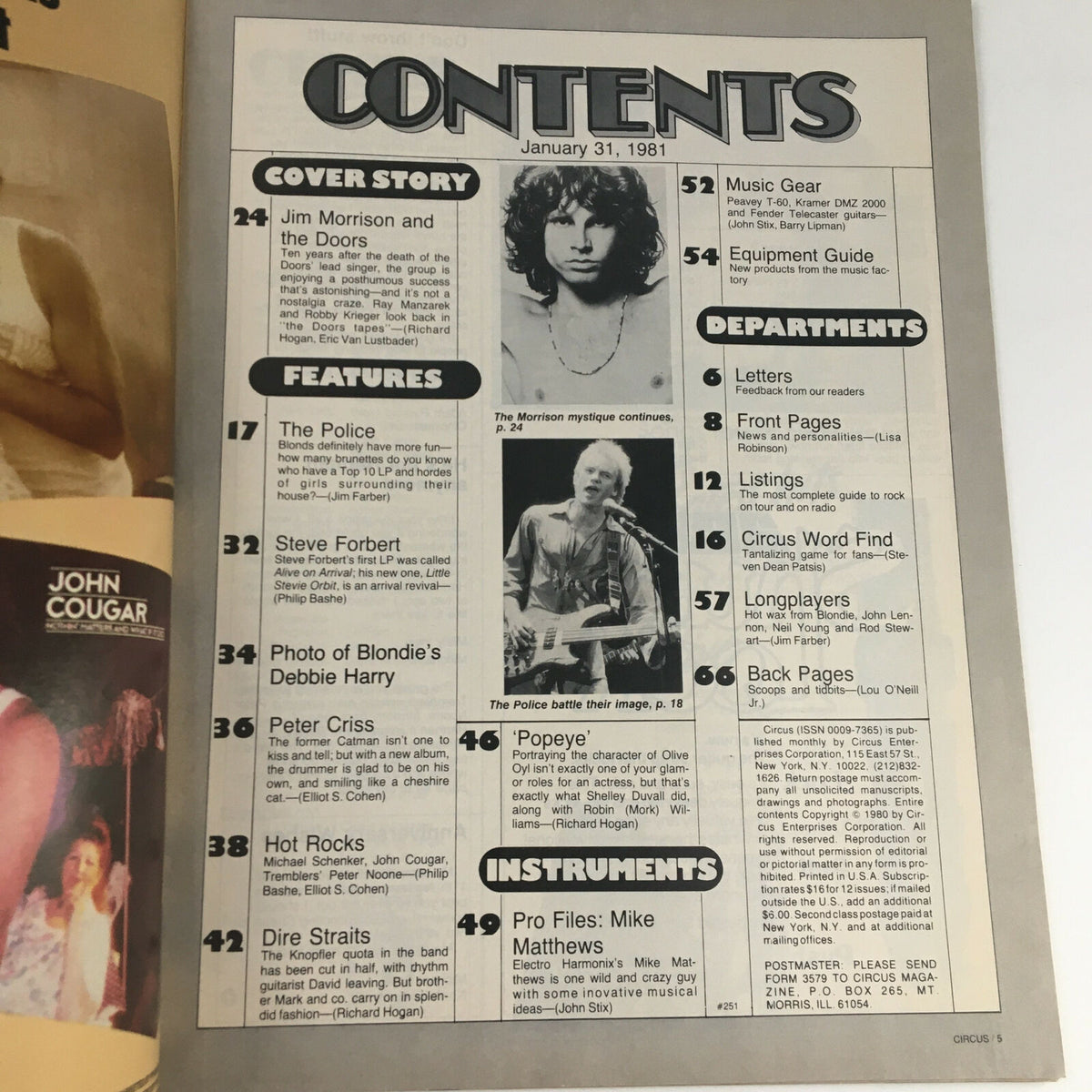 Contents page of Circus Magazine January 31, 1981 detailing features including Jim Morrison, The Police, Debbie Harry of Blondie, and more.
