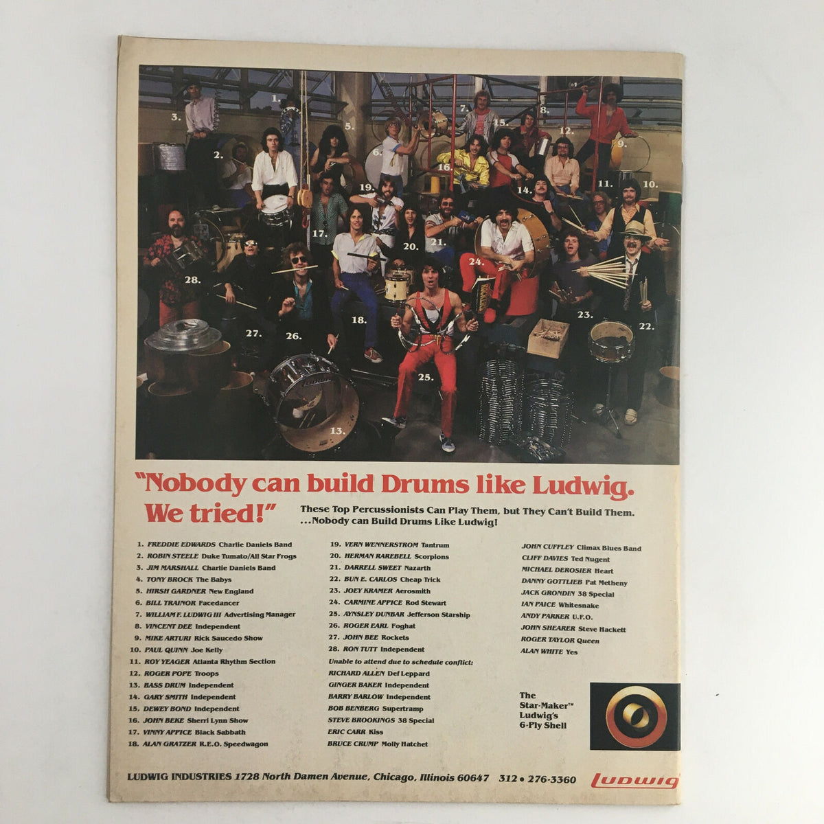 Back cover of Circus Magazine January 31, 1981 featuring a group of musicians with drums and percussion instruments for Ludwig Industries, highlighting the music culture of the era.