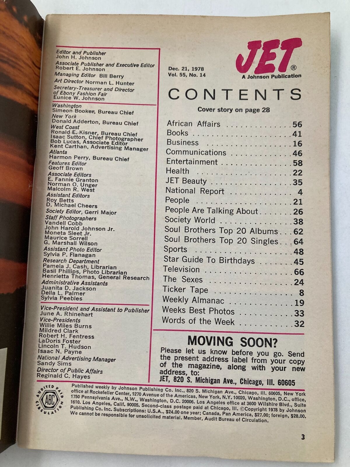 VTG Jet Magazine December 21 1978 Vol 55 #14 featuring the contents page including sections on African Affairs, Entertainment, Health, JET Beauty, and more, showcasing articles and topics relevant to the era.