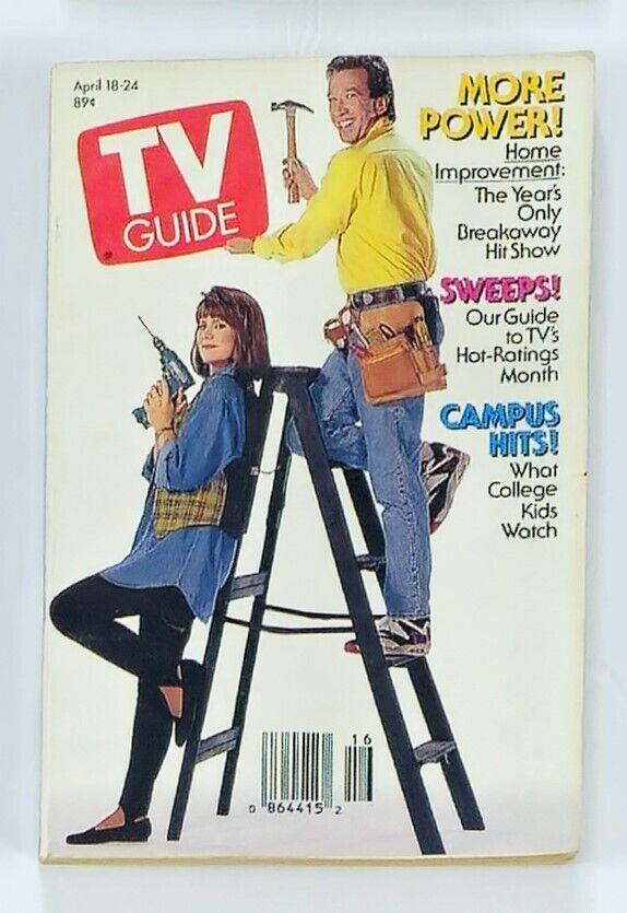 TV Guide Magazine cover from April 18, 1992 featuring Patricia Richardson and Tim Allen, highlighting the popular TV show 'Home Improvement' with themes of power and entertainment.