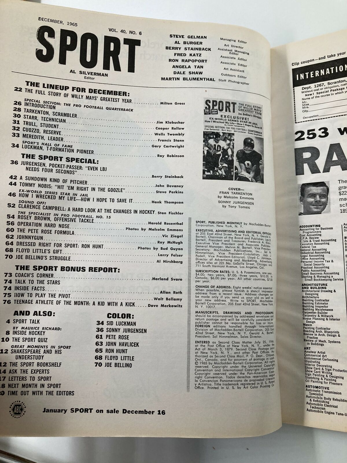 Inside page of VTG Sport Magazine December 1965, showcasing magazine contents and features related to Fran Tarkenton, Sonny Jurgensen, and other football legends.