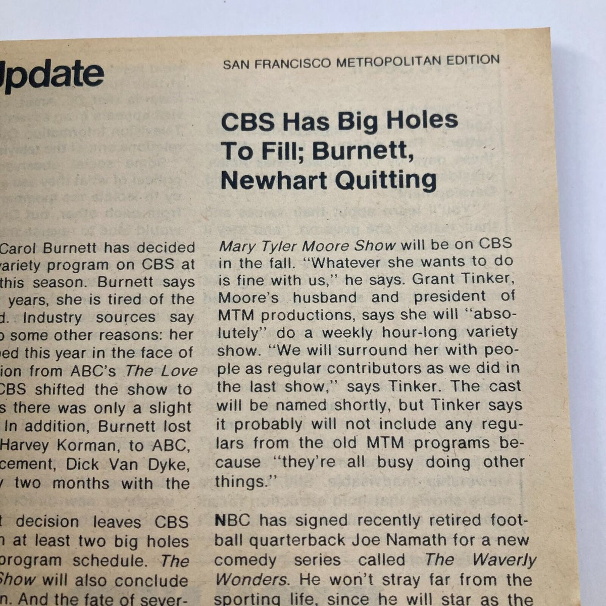 Inside page of the TV Guide Magazine February 18 1978 #1299 featuring an update on CBS shows, including details about Carol Burnett's variety program and Mary Tyler Moore Show.